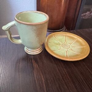 Frankoma Pottery Cup & Saucer Set Wagon Wheel Pattern with Prairie Green Glaze